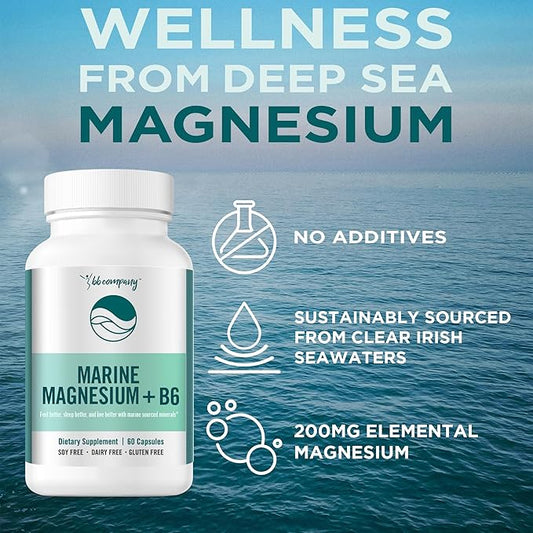 Ocean Magnesium 200mg Aquamin | More Soluble Than Magnesium Glycinate | Whole Food Mag B6 Supplement for Women | Gentle on Stomach & Vegan | Sleep Support, Calms Nerves & Leg Cramps | 60 Ct