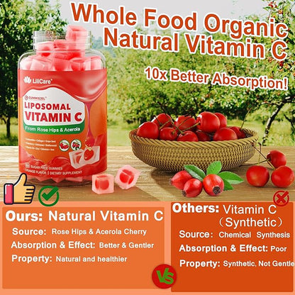 Liposomal Vitamin C 1000mg Filled Gummies for Adults & Kids 9+, 1660mg Blend w/Echinacea, Elderberry, D3, Zinc, Iron, Bioflavonoid, Astaxanthin, Natural Organic Chewable Vitamin C, Sugar Free, 2Pack