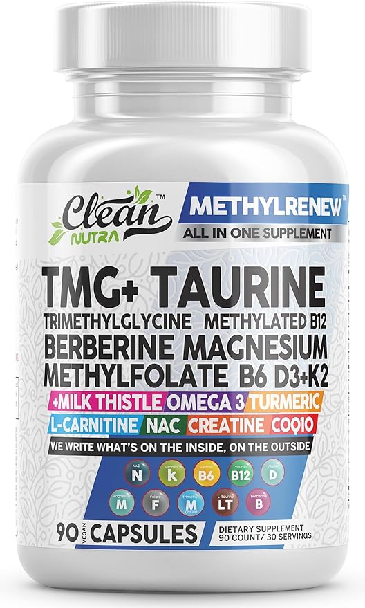 Clean Nutra TMG Trimethylglycine Supplement 1,000mg + Taurine Methylated Multivitamin for Women Men B6 B12 D3 K2 Magnesium Methylfolate Milk Thistle Omega 3 NAC L Carnitine COQ10 B Complex Vitamin