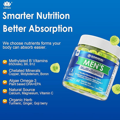 Mens Multivitamins Gummies, Multiminerals, Vegan Omega 3, CoQ10, Probiotics, Daily Mens Vitamins A C D3 E B6 B12, Methylated Multivitamin for Men - Energy, Immunity, Sugar Free, Vegan (No Iron) 60 Cts