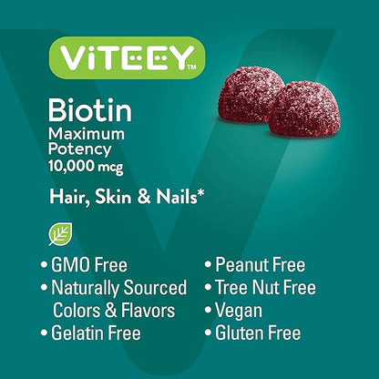 Viteey Biotin Gummies for Hair Skin and Nails - Biotin for Hair Growth Gummies - 10,000 mcg - Vegan, Gluten-Free, Non-GMO – 60 Count
