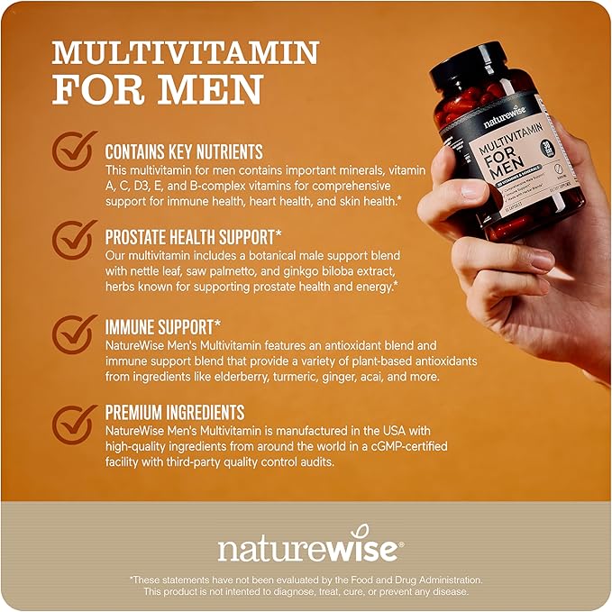 NatureWise Multivitamin for Men - Daily Male Support - Minerals & Herbs for Energy, Performance, Immunity - with Vitamin A, C, D, B-Complex - Soy & Gluten-Free, Non-GMO - 60 Capsules[1-Month Supply]