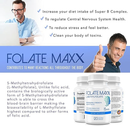 L-Methylfolate 15mg - 120 Capsules - Professional Strength Active Methyl Folate - 5-MTHF Supplement for Men & Women - Non GMO, Gluten Free, No Fillers