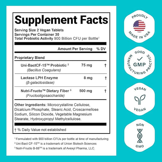 Nutrition Essentials Probiotics for Women and Men with Natural Lactase Enzyme & Prebiotic Fiber for Digestive Health - 80percent + Stronger Supplement for Gut Health Support - 3 Count of 60 Tablets