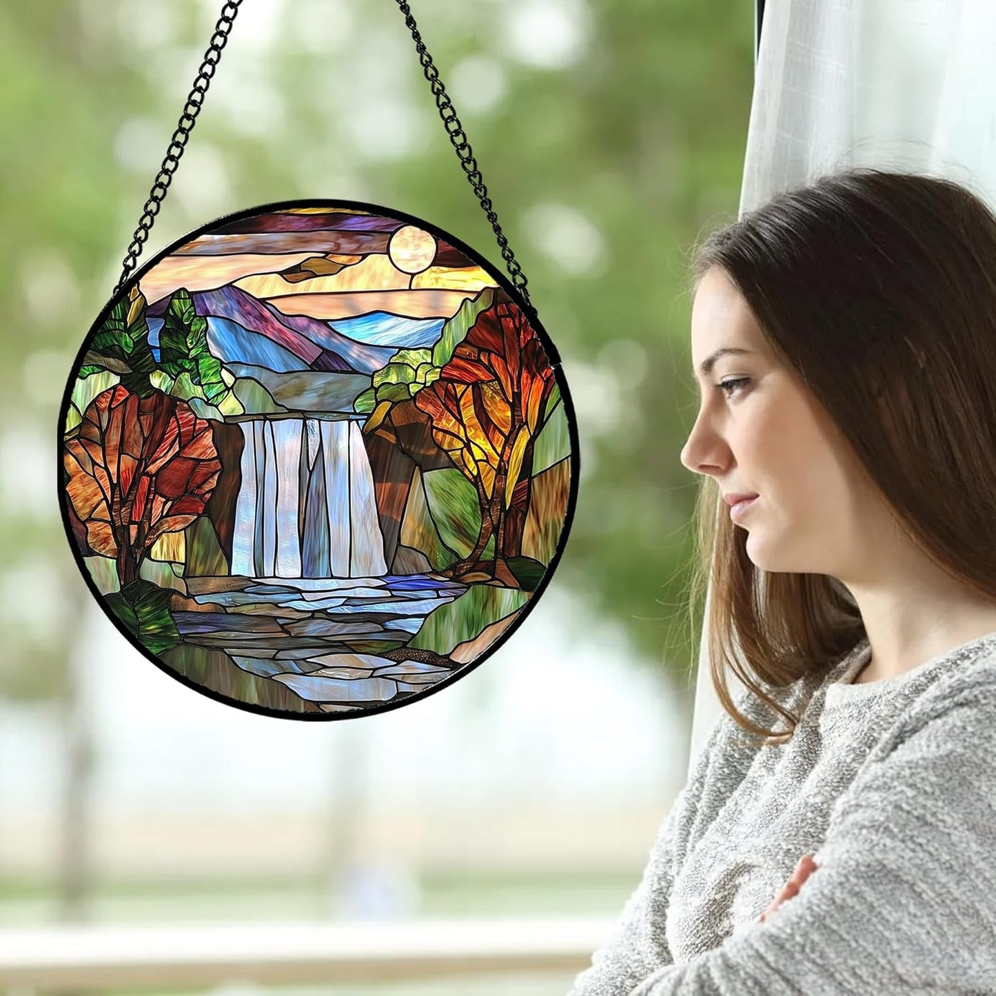Stained Glass Window Hanging, Abstract Landscape Waterfall Mountains Trees Suncatcher for Doors Window Home Sun Catchers Decor Mother's Day Birthday Gifts for Women Men Mom 7.8 in