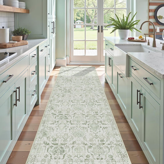 Sage 3x12 Runner Rug for Hallways Bed Side Kitchen, Boho Washable Distressed Low-Pile Floor Entryway Long Bathroom Mat, Non-Slip Laundry Room Washstand Front Carpet 36x144 Inch