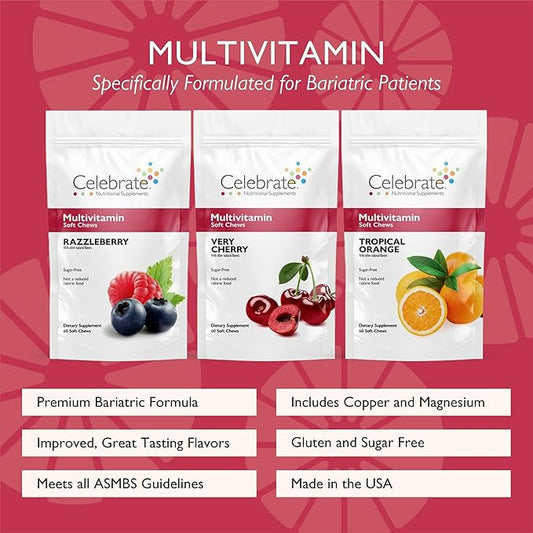 Celebrate Vitamins Bariatric Multivitamin Soft Chews - Essential Vitamins & Minerals, Sugar & Gluten Free - Gastric Bypass & Sleeve Gastrectomy Supplement - Berry/Orange/Cherry (180ct)