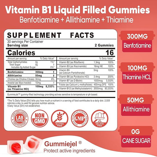 Vitamin B1 & Methylated Vitamin B Complex Gummies - All B Vitamins, Benfotiamine, Thiamine & Inositol, Methylated B1 B2 B6 Multivitamins, L-methylfolate, Methyl B12 for Nerve Cognition Energy, 120Cts