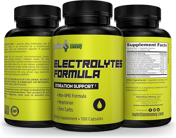 NutritionMoney Electrolyte Premium Hydration Supplement – Sugar Free, Zero Carbs, Non-GMO, Zero Calories, Keto-Friendly, Supports Carnivore Diet, Optimal Rehydration Electrolytes Capsules - 100 Count