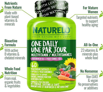 NATURELO One Daily Multivitamin for Women 50+ (Iron Free) - Menopause Support for Women Over 50 - Whole Food Supplement - Non-GMO - No Soy - 60 Capsules - 2 Month Supply