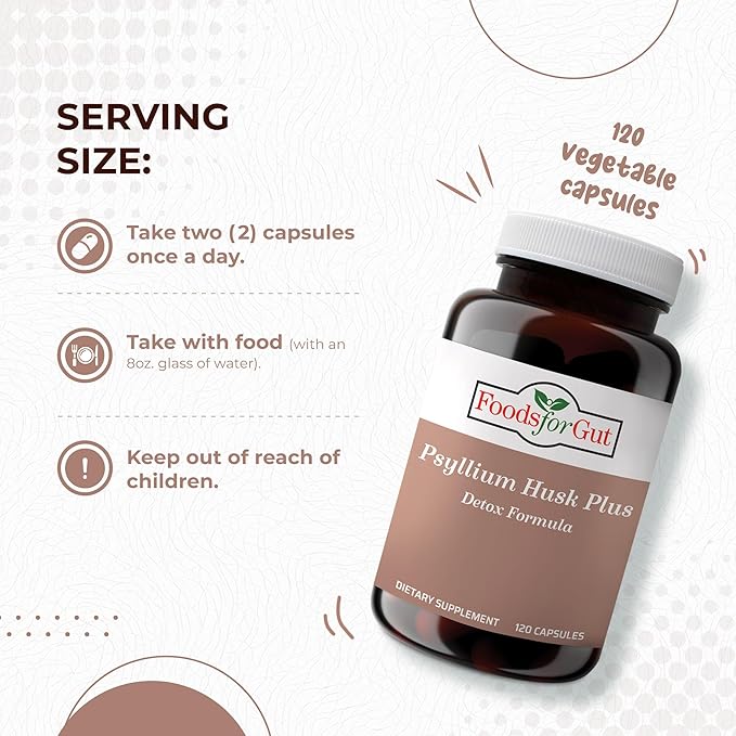 Psyllium Husk Plus Detox Formula | 1080mg | 120 Vegetarian Capsules | Healthier Gut & Improved Digestion | Daily Fiber Supplement for Women & Men | Supports Detoxification Process