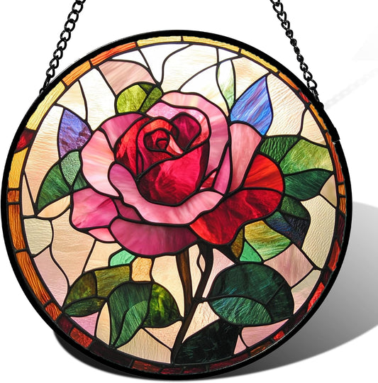 Stained Glass Window Hanging - Pink Rose Suncatcher for Door Garden Home Decor Birth Flower Sun Catcher Christmas Birthday for Friend Lovers Women Mom Nana 7.8 in