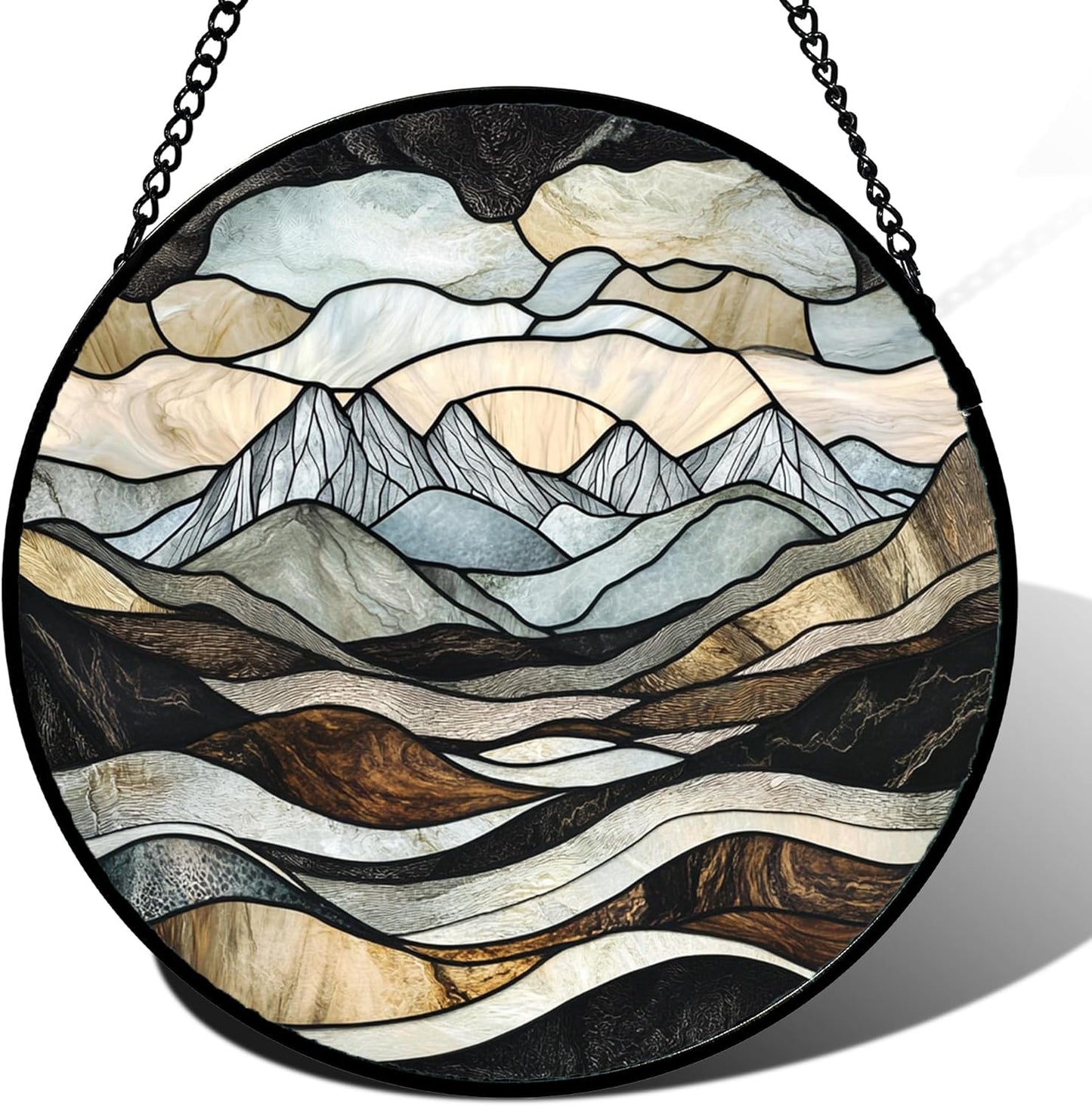 Stained Glass Window Hanging - Grey Mountains Landscape Suncatcher for Doors Garden Patio Retro Sun Catchers Decor Christmas Mother's Day Birthday Gifts for Women Men Mom Nana Friend 7.8 in