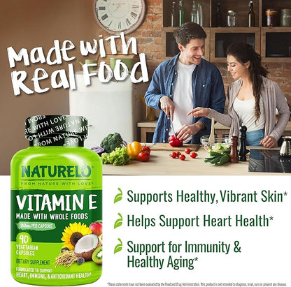 NATURELO Vitamin E - 180 mg (300 IU) of Natural Mixed Tocopherols from Organic Whole Foods - Supplement for Healthy Skin, Hair, Nails, Immune & Eye Health - Non-GMO, Soy Free - 90 Vegan Capsules