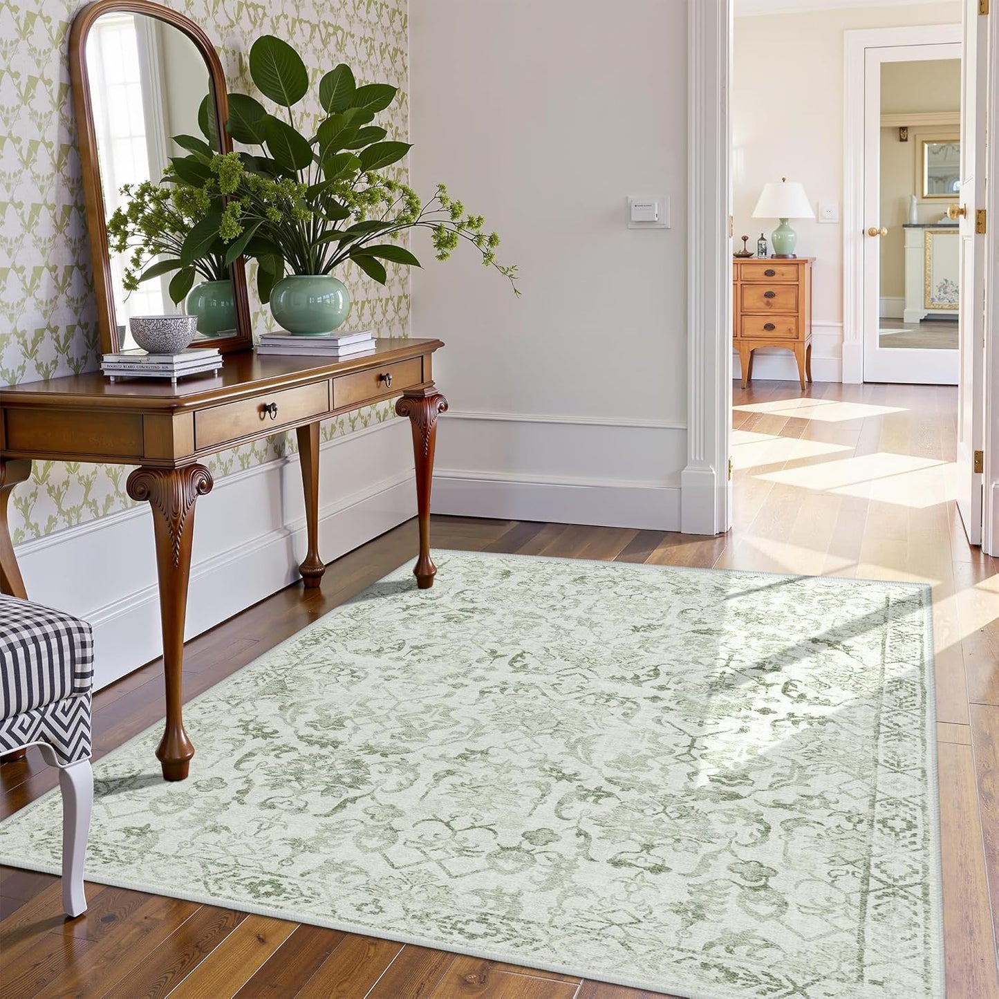 Sage Vintage Area Rug 3x5 for Living Room Bedroom, Washable Distressed Farmhouse Soft Thin Non-Shedding Indoor Throw Rug, Traditional Accent Carpet for Bedroom Office