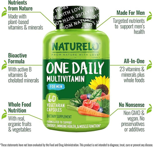 NATURELO Mens Multivitamins - One Daily Multivitamin for Men with Vitamins, Minerals & Organic Whole Foods, Boost Energy & Health, Non-GMO, 60 Vegetarian Capsules