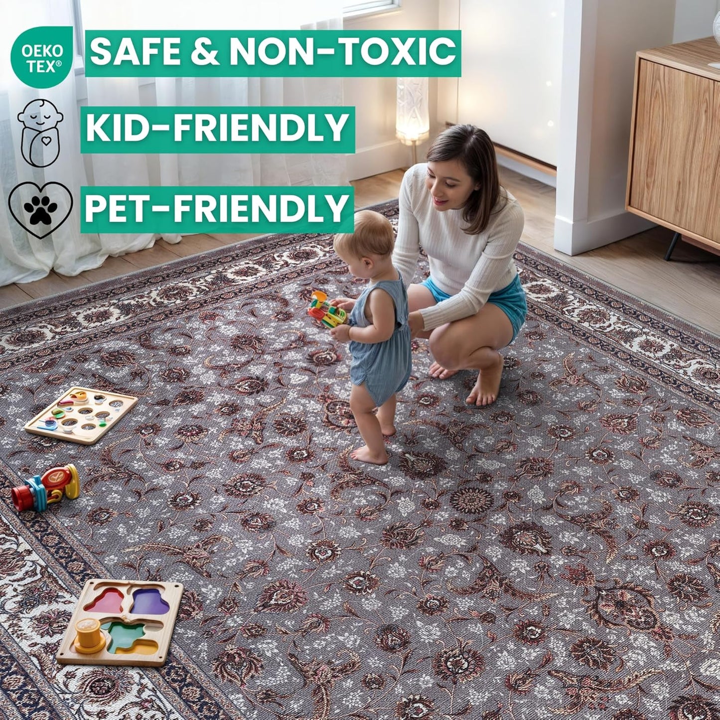 Bloom Rugs Washable Non-Slip 10 ft Runner - Slate Gray Traditional Oriental Runner for Entryway, Hallway, Bathroom, and Kitchen - Exact Size: 2.5' x 10'