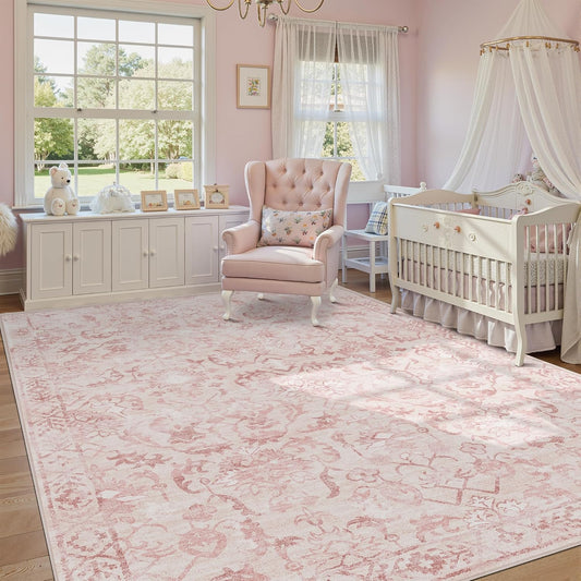 Pink Area Rugs 7x9 for Living Room, Washable Vintage Rugs for Bedroom, Distressed Throw Rug, Non Slip Rug Carpet for Bedroom Dining