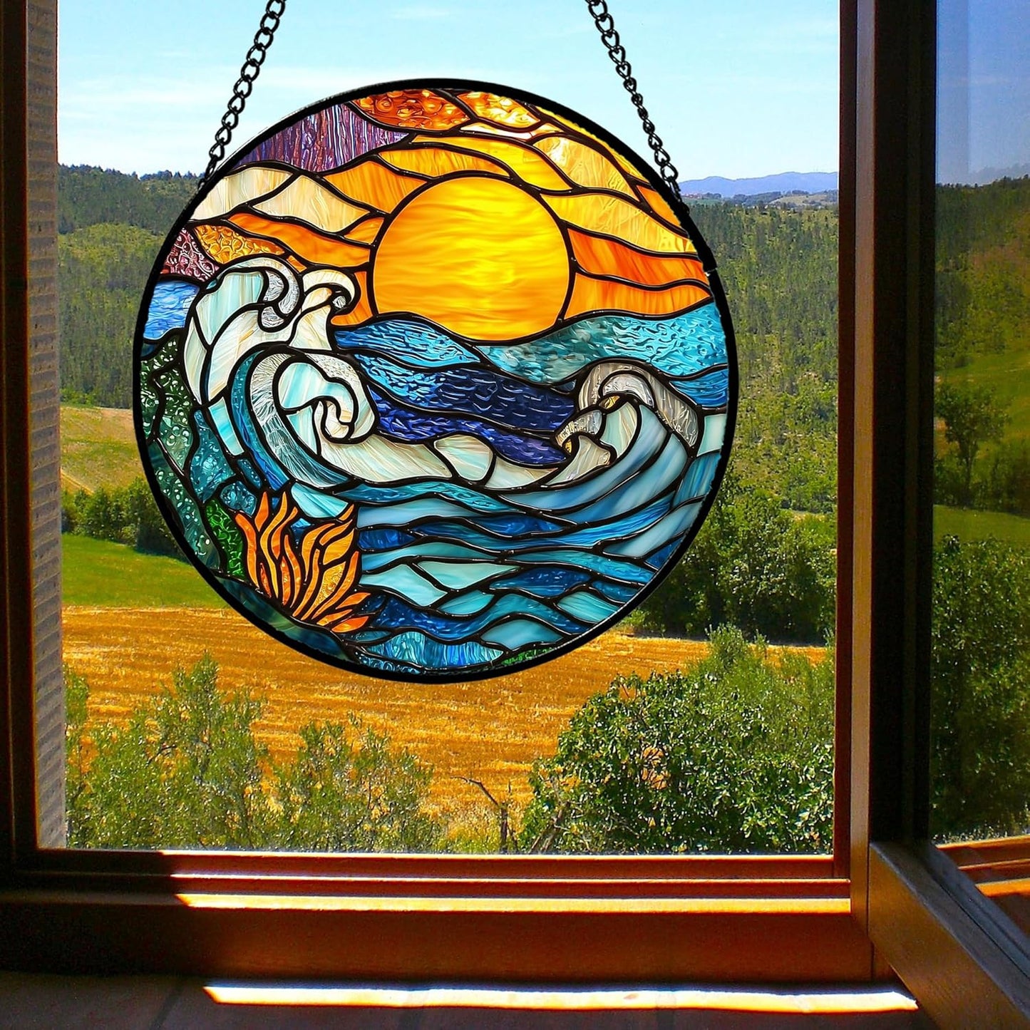 Stained Glass Window Hanging, Orange Sun Blue Sea Waves Landscape Suncatcher for Doors Window Home Sun Catchers Decor Mother's Day Birthday Gifts for Women, Men Mom 6.3 in