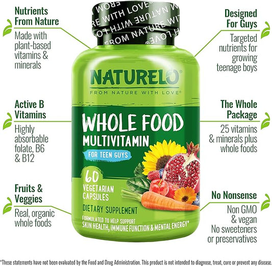 NATURELO Teen Multivitamin - Whole Food Multivitamin for Teenage Boys - Minerals Supplement for Active Kids - with Plant Extracts - Non-GMO - Vegan & Vegetarian - 60 Capsules