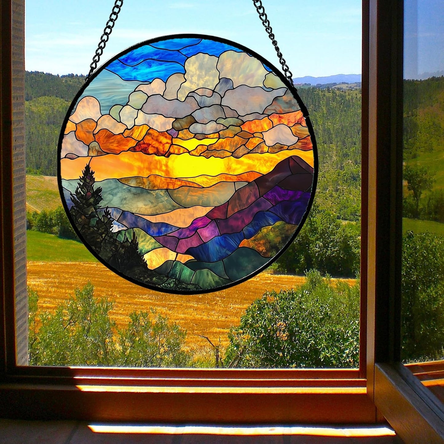 Stained Glass Window Hanging, Abstract Clouds Mountains Landscape Suncatcher for Doors Window Home Sun Catchers Decor Mother's Day Birthday Gifts for Women, Men Mom 11.8 in