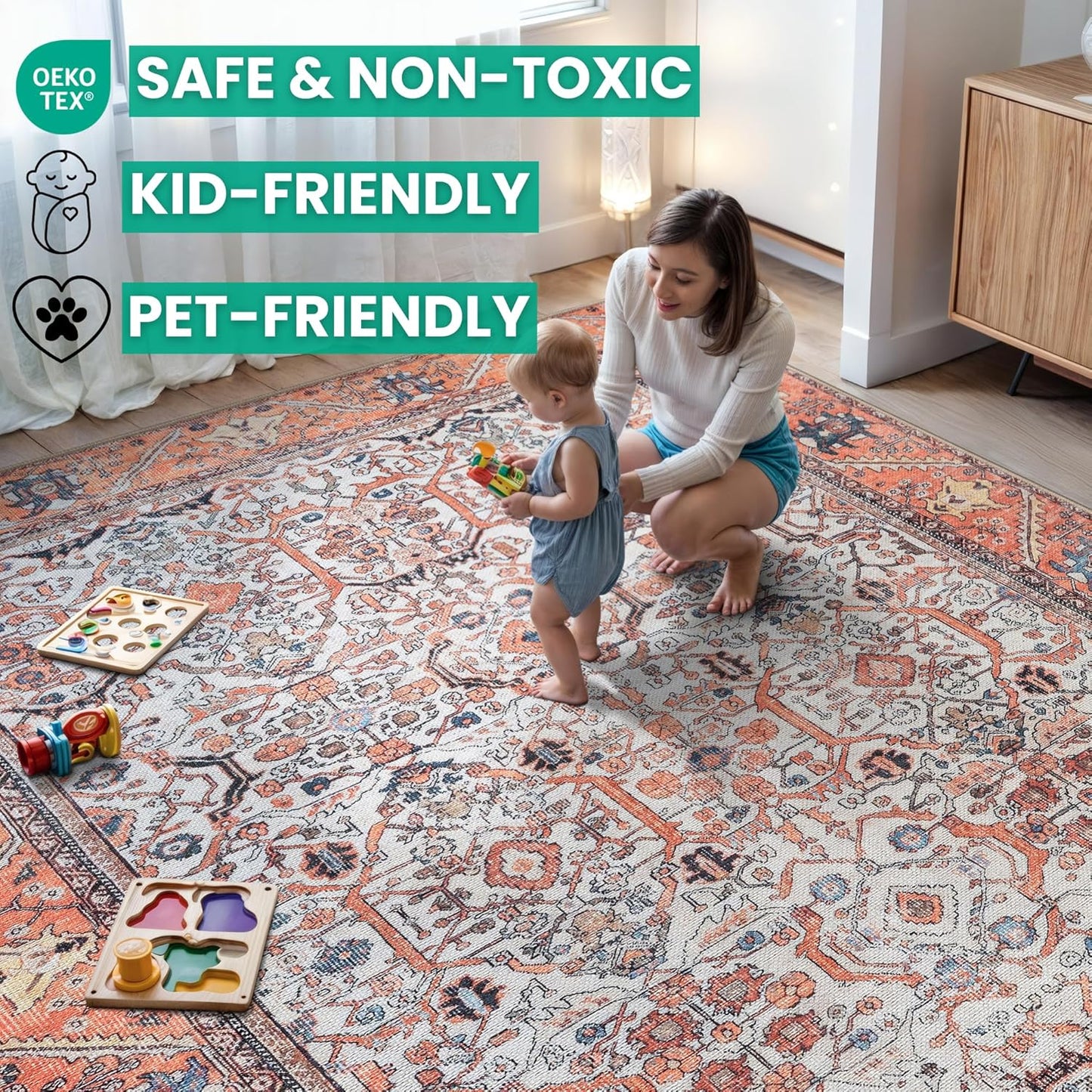 Bloom Rugs Washable Non-Slip 9' x 12' Rug - Orange Traditional Bordered Area Rug for Living Room, Bedroom, Dining Room, and Kitchen - Exact Size: 9' x 12'