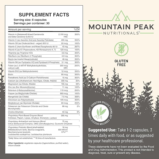 Mountain Peak Nutritionals Ultra High Multivitamin for Men & Women - with Vitamins A, B12, B6, C, D, E, Magnesium, Zinc, Folic Acid, Digestive Enzymes & Probiotics (180 Vegetarian Capsules)