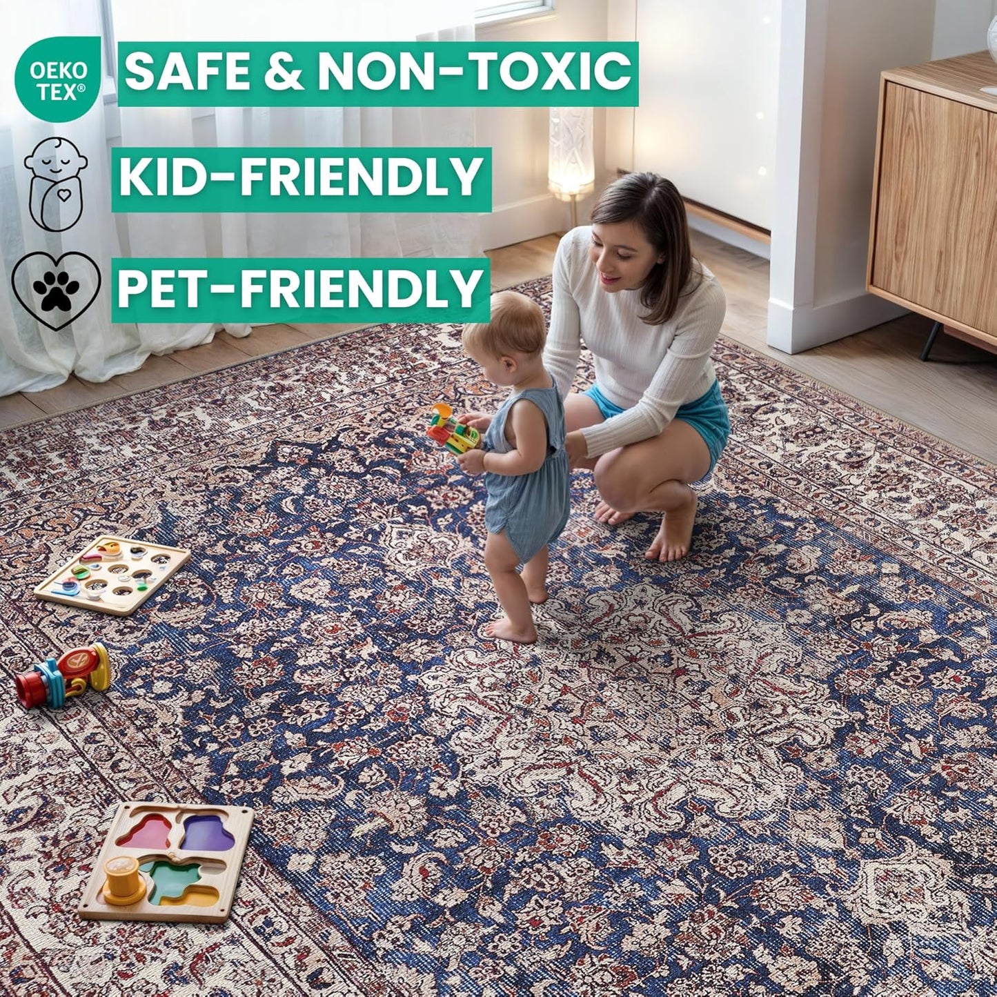 Bloom Rugs Washable Non-Slip 5' x 7' Rug - Dark Blue/Beige Traditional Medallion Area Rug for Living Room, Bedroom, Dining Room, and Kitchen - Exact Size: 5' x 7'