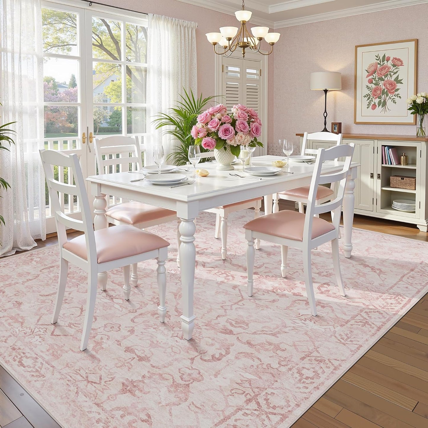 Pink Area Rugs 7x9 for Living Room, Washable Vintage Rugs for Bedroom, Distressed Throw Rug, Non Slip Rug Carpet for Bedroom Dining