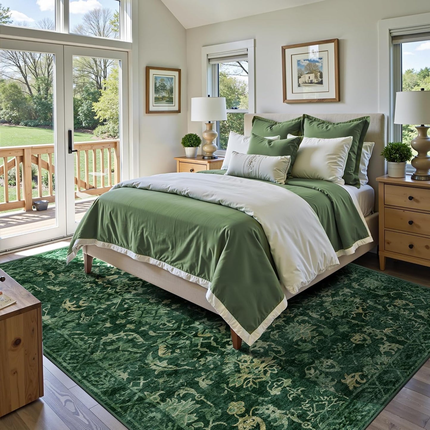 Deerly Dark Green Area Rugs 9x12 for Living Room Soft Non-Slip, Large Bedroom Rug Vintage Dining Room Rug Tribal Farmhouse Carpet for Dining Room Office Green