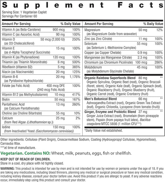 Rainbow Light Mens One Multivitamin, Men's Daily Multivitamin Provides High-Potency Immune Support, With Vitamin C, Vitamin D and Zinc, Vegetarian, 60 Count