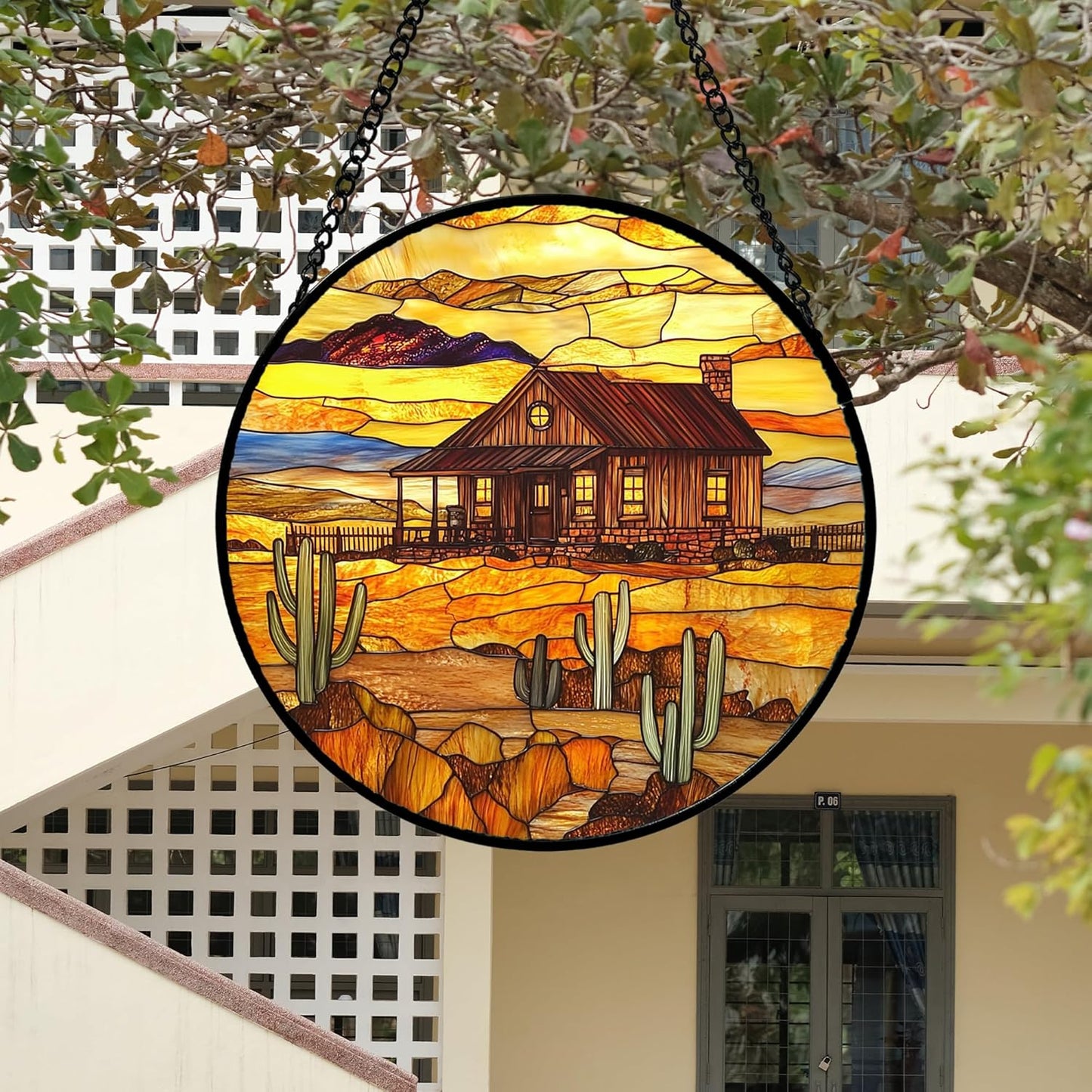 Stained Glass Window Hanging 4 Pcs Set Desert Sunset Theme Landscape Large 11.8" - Suncatcher Door Garden Sun Catcher Decor Birthday Christmas for Mom Woman Nana Men
