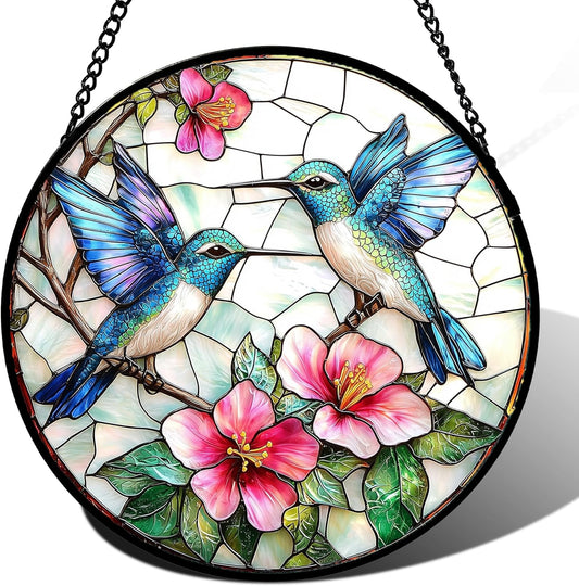 Stained Glass Window Hanging - Blue White Hummingbirds Pink Flowers Suncatcher for Door Terrace Garden Home Decor Bird Sun Catcher Birthday Gifts for Lovers Women Men Dad Mom Nana 15 in