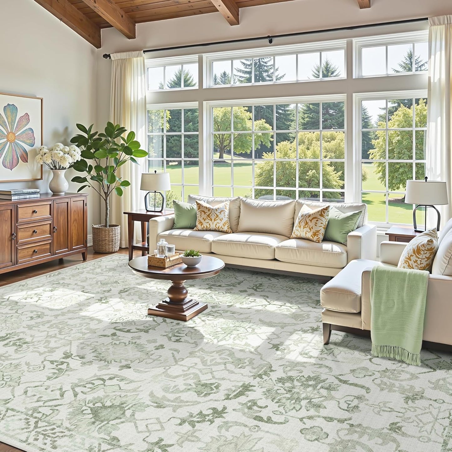 Sage Extra Large Area Rug 10x14 for Living Room, Distressed Washable Rug for Dining Room Bedroom, Anti-Slip Low-Pile and Soft Accent Rug Farmhouse Office Home Decor Light Green