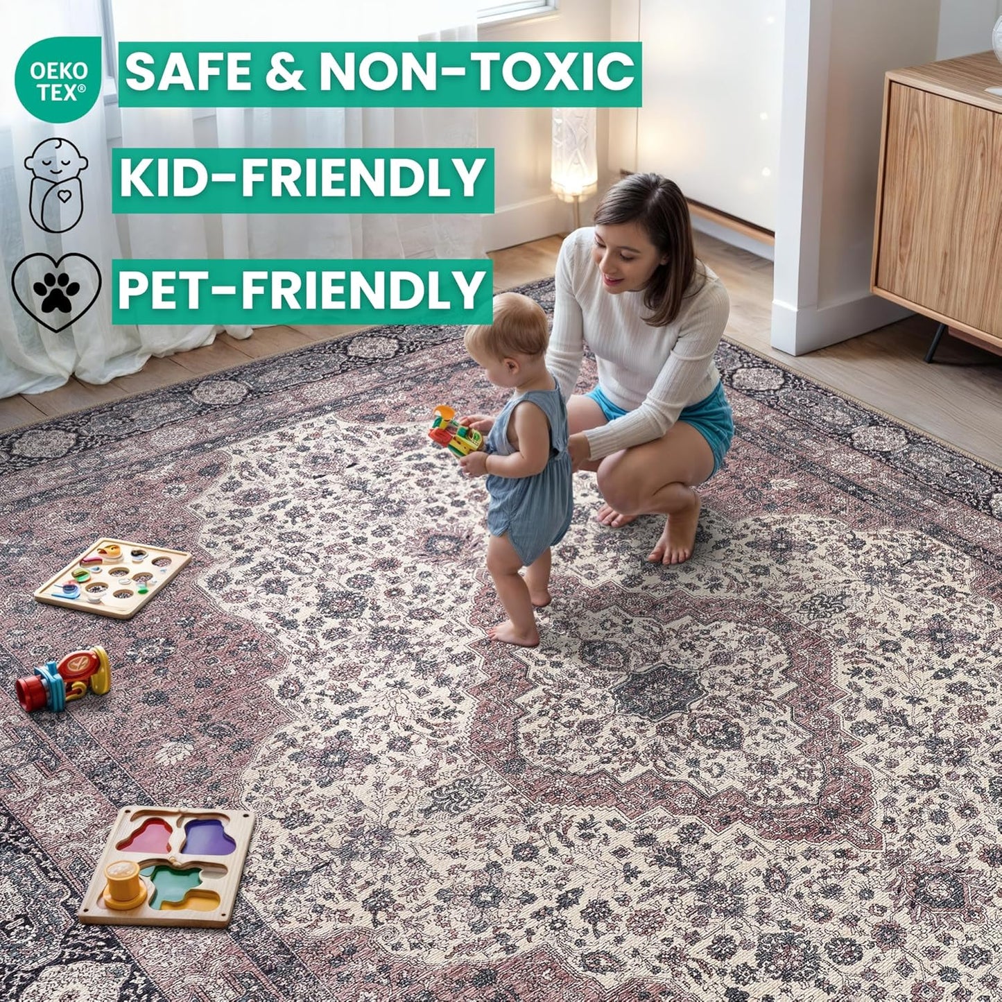 Bloom Rugs Washable Non-Slip 5' x 7' Rug - Cream/Green Traditional Medallion Area Rug for Living Room, Bedroom, Dining Room, and Kitchen - Exact Size: 5' x 7'