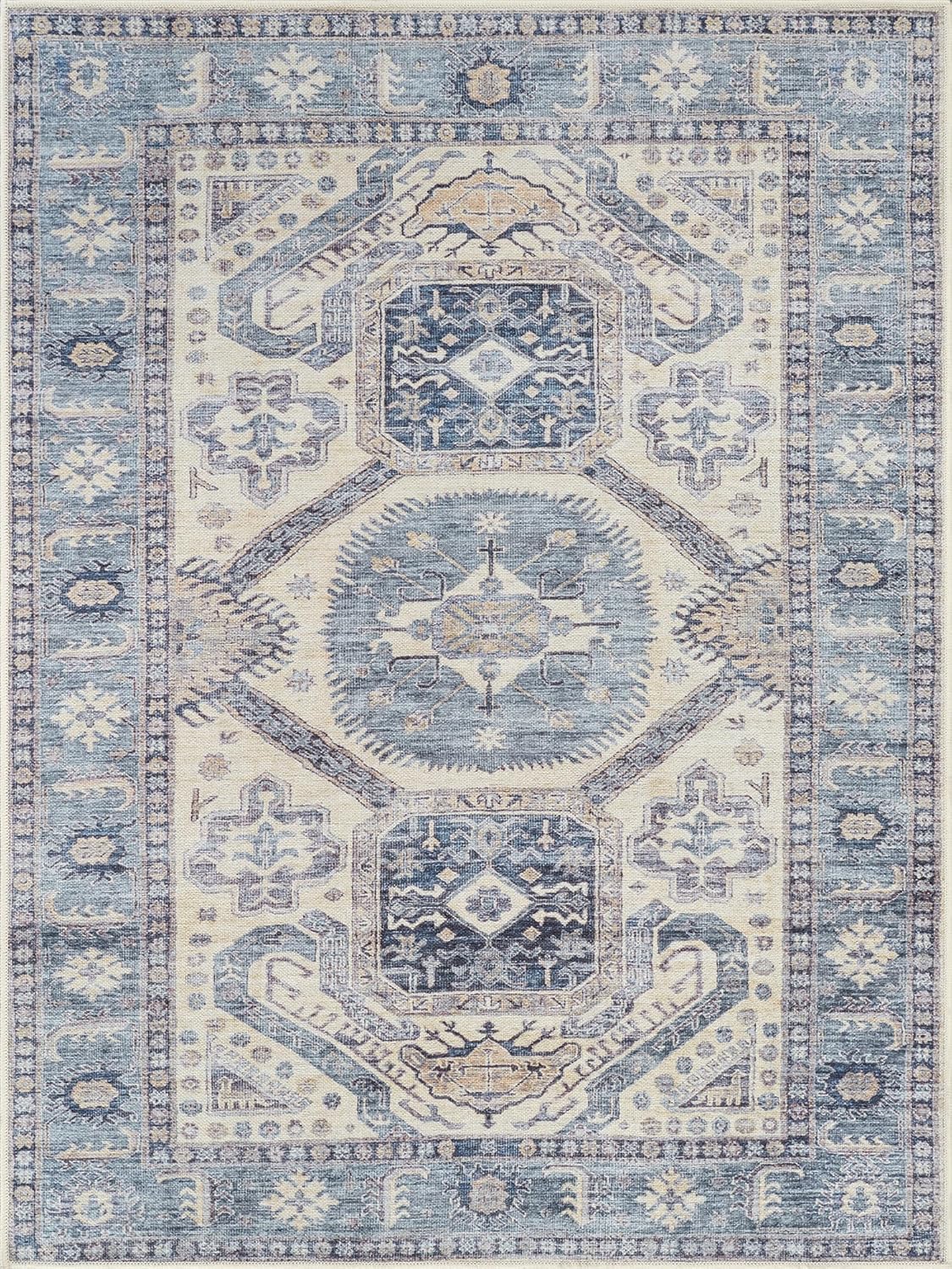 Bloom Rugs Washable Non-Slip 6' x 9' Rug - Blue/Beige Traditional Oriental Area Rug for Living Room, Bedroom, Dining Room, and Kitchen - Exact Size: 6' x 9'