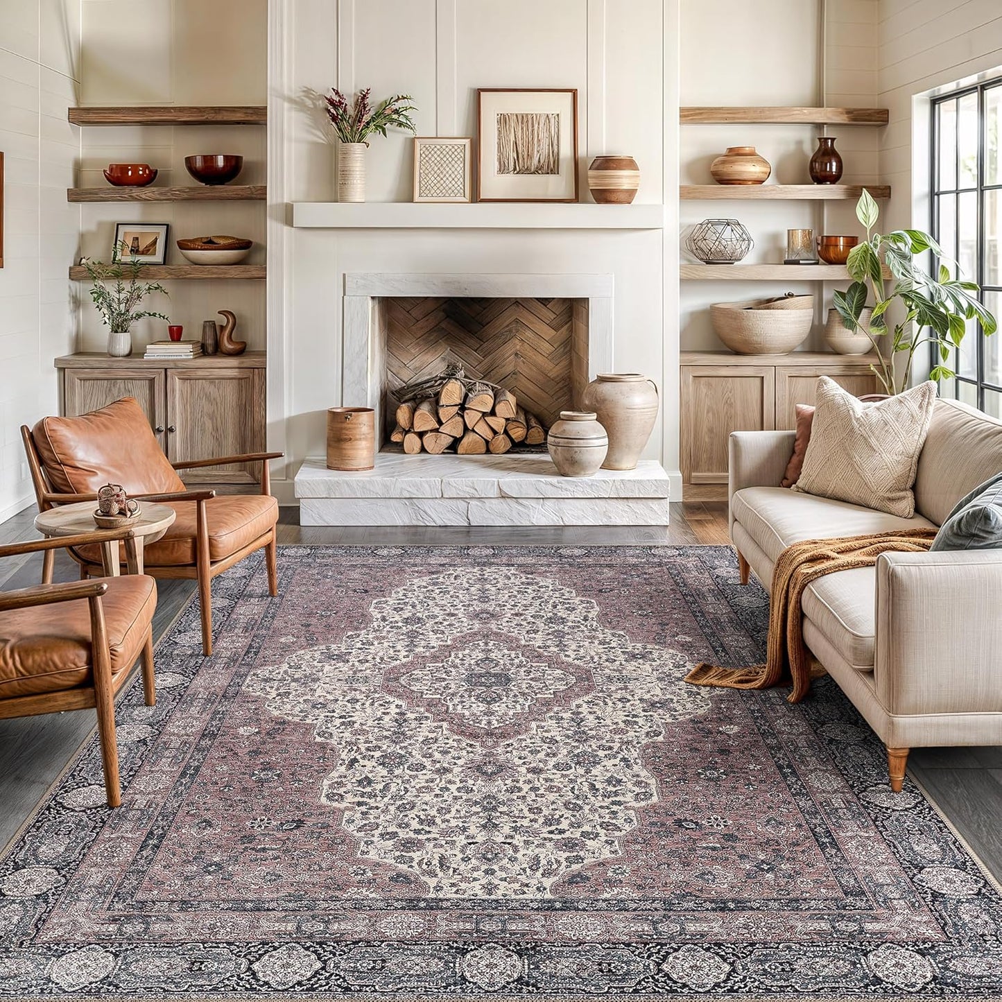 Bloom Rugs Washable Non-Slip 8' x 10' Rug - Cream/Green Traditional Medallion Area Rug for Living Room, Bedroom, Dining Room, and Kitchen - Exact Size: 8' x 10'