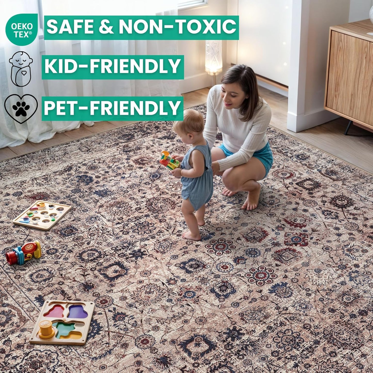 Bloom Rugs Washable Non-Slip 8' x 10' Rug - Light Tan/Blue Traditional Oriental Area Rug for Living Room, Bedroom, Dining Room, and Kitchen - Exact Size: 8' x 10'