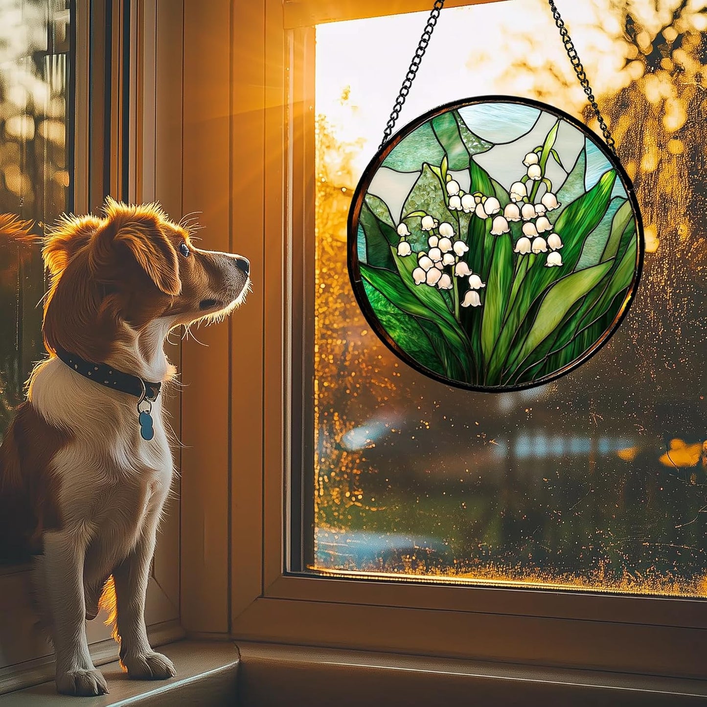 Stained Glass Window Hanging - White Green Lily of The Valley Suncatcher for Doors Garden Terrace Plant Sun Catchers Decor Mother's Day Birthday Flowers Gifts for Women Men Mom 11.8 in