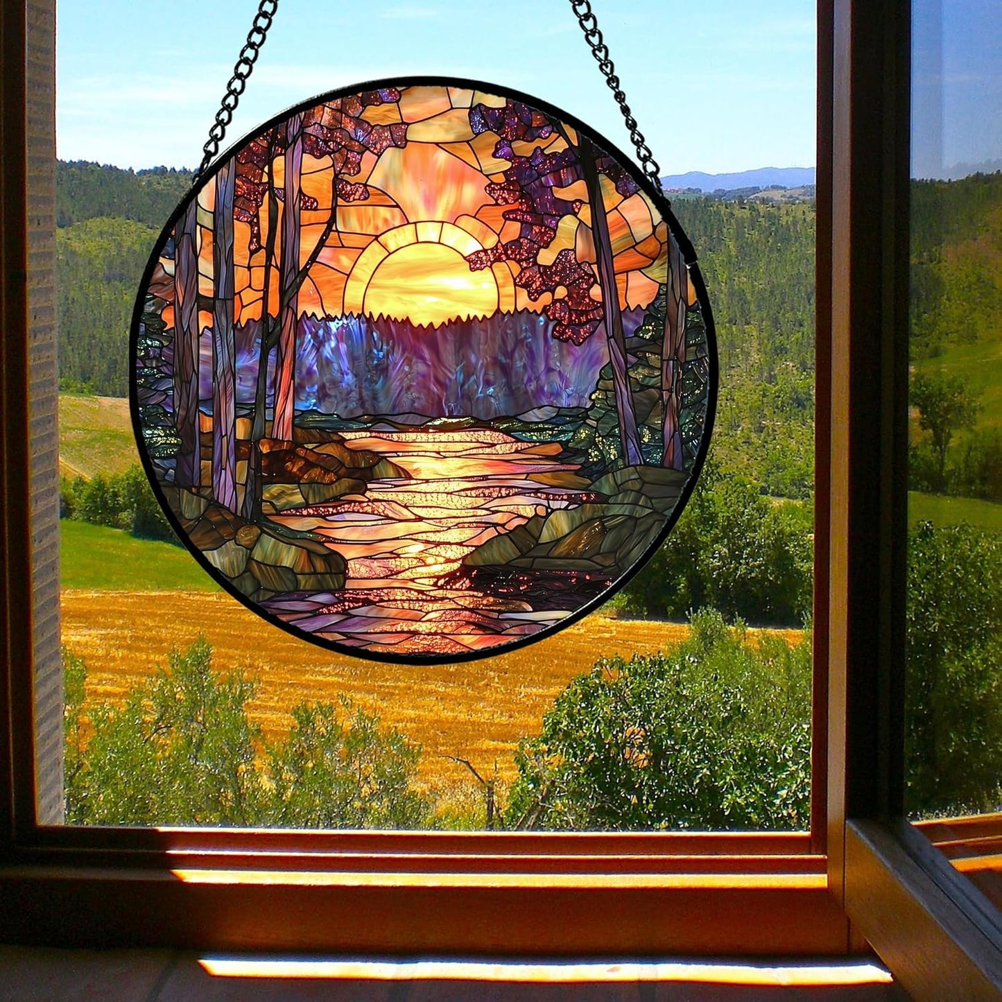 Stained Glass Window Hanging, Orange Landscape Green Purple Lake Forest Suncatcher for Doors Window Home Sun Catchers Decor Mother's Day Birthday Gifts for Women Men Mom 11.8 in