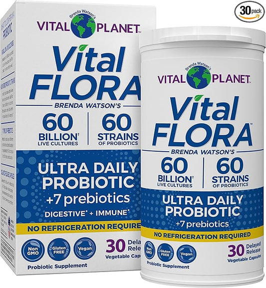 Vital Planet - Vital Flora Ultra Daily Probiotic 60 Billion CFU, 60 Diverse Strains, 7 Organic Prebiotics, Immune Support, Digestive Health Shelf Stable Probiotics for Women and Men 30 Capsules