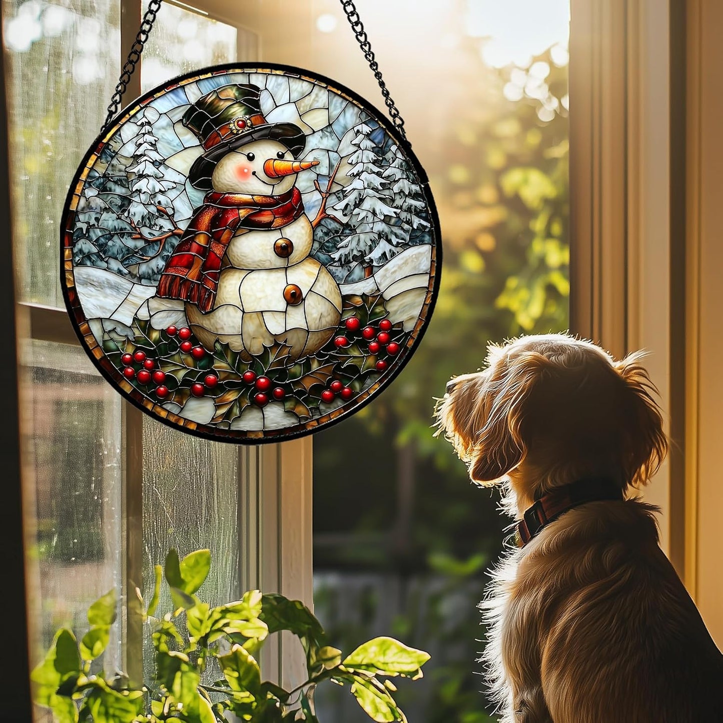 Stained Glass Window Hanging - Christmas Snowman Suncatcher for Door Terrace Garden Home Decor Winter Forest Snow Sun Catcher Birthday Gifts for Lovers Women Men Dad Mom Nana 11.8 in