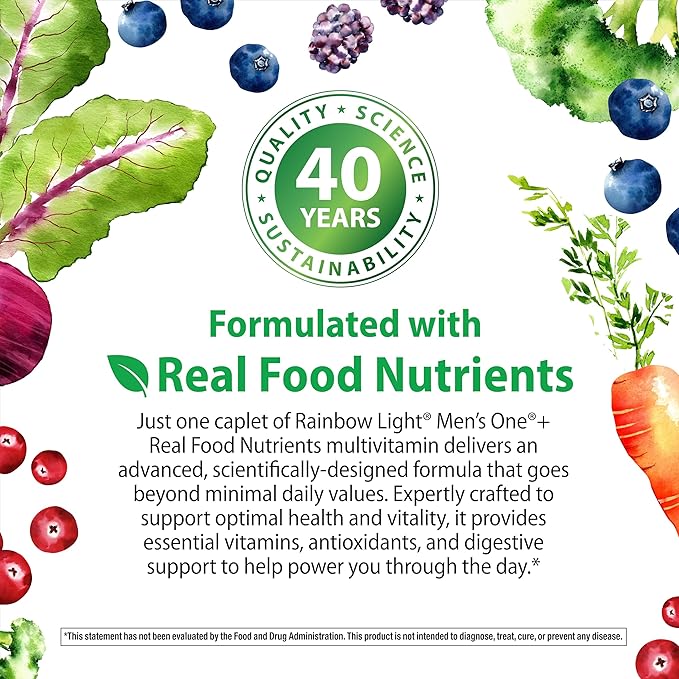 Rainbow Light Mens One Multivitamin, Men's Daily Multivitamin Provides High-Potency Immune Support, With Vitamin C, Vitamin D and Zinc, Vegetarian, 60 Count