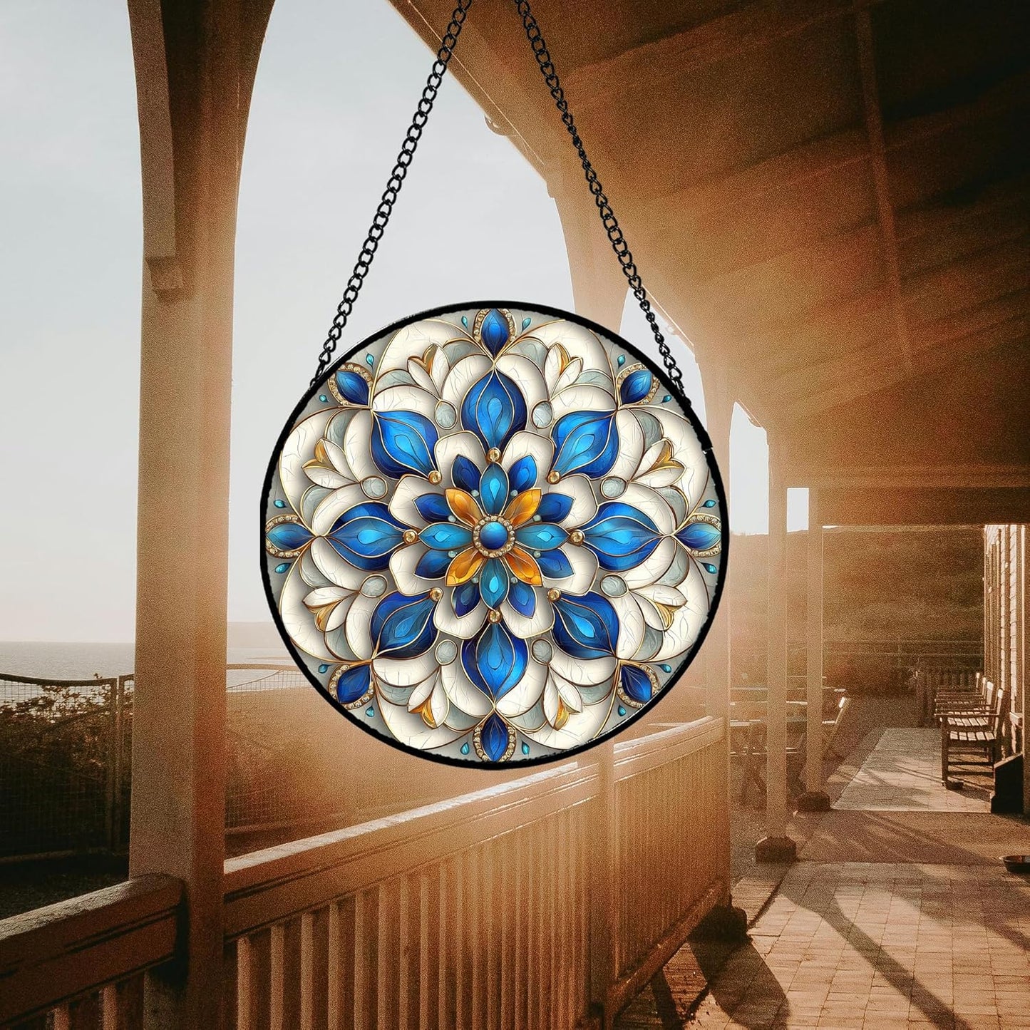 Stained Glass Window Hanging - Blue and White Abstract Flowers Suncatcher for Door Terrace Garden Home Decor, Gold Sun Catcher Birthday Gifts for Lovers Women Men Dad Mom Nana 7.8 in