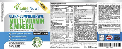 Vegan Whole Food Multivitamin & Mineral - Vitamins A B1 B2 B6 B12 C D3 E & 110 Super Foods, Herbs, Greens & Reds - Enzymes & Probiotics for Immune Support - Energy Boost - 90 Tablets
