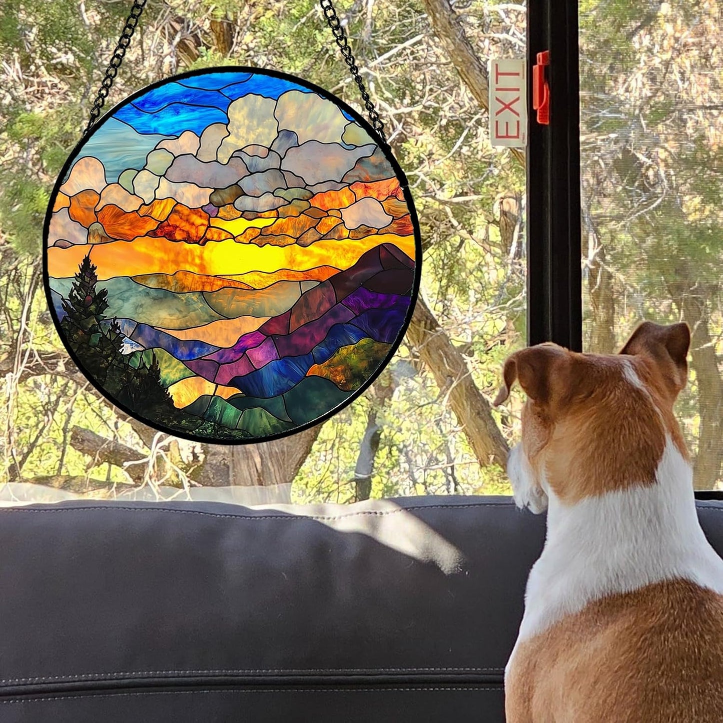 Stained Glass Window Hanging, Abstract Clouds Mountains Landscape Suncatcher for Doors Window Home Sun Catchers Decor Mother's Day Birthday Gifts for Women, Men Mom 7.8 in