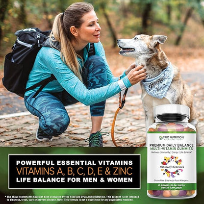 TRIO NUTRITION Daily Multivitamin Gummies for Men & Women - Natural Fruit Flavor with Essential Vitamins A, B, C, D, E & Zinc - Gluten-Free Immune Support & Energy Boost Supplement