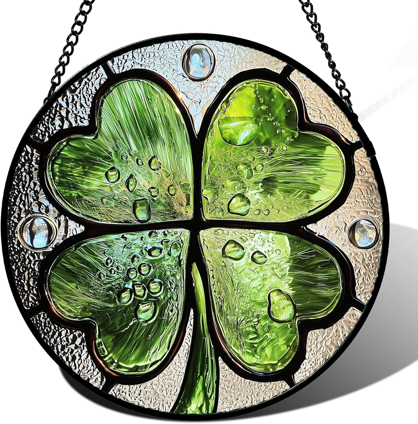 Stained Glass Window Hanging, Green Silver 4 Leaf Clover Sun Catcher for Window Door Home Decor Plant Suncatcher Christmas Mother's Day Birthday Gifts for Women Men Mom Nana 9.8 in