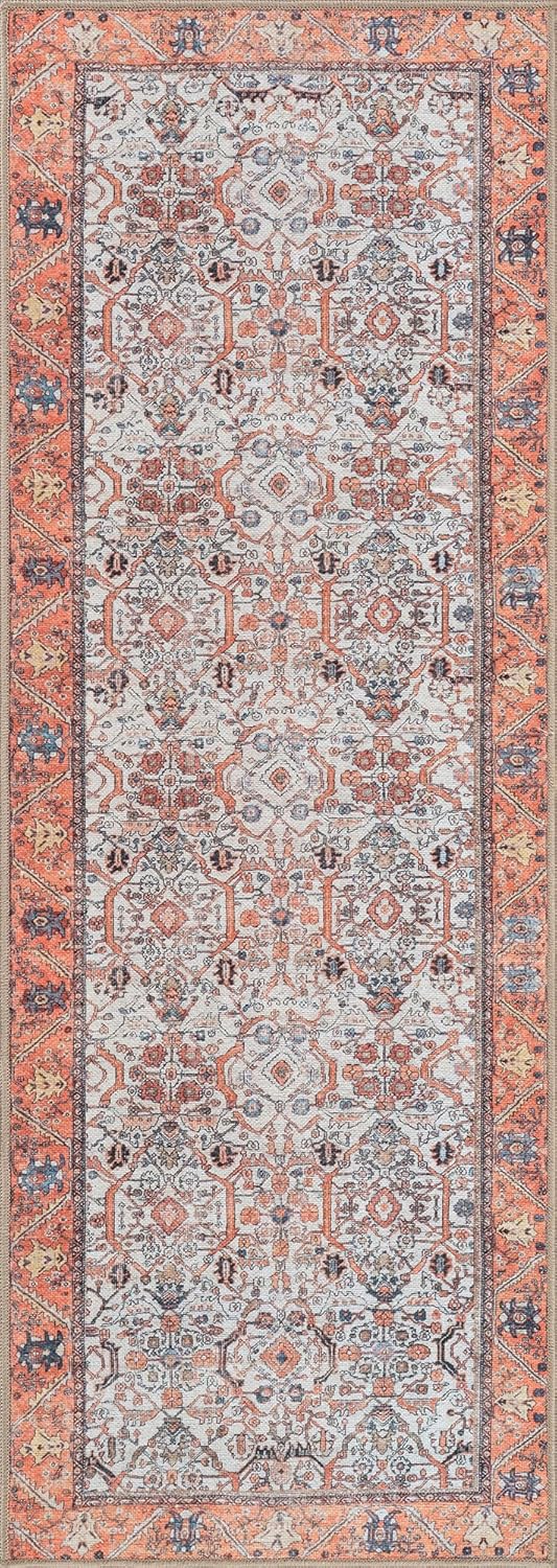 Bloom Rugs Washable Non-Slip 10 ft Runner - Orange Traditional Bordered Runner for Entryway, Hallway, Bathroom, and Kitchen - Exact Size: 2.5' x 10'