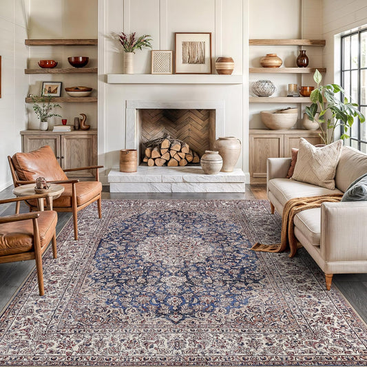 Bloom Rugs Washable Non-Slip 8' x 10' Rug - Dark Blue/Beige Traditional Medallion Area Rug for Living Room, Bedroom, Dining Room, and Kitchen - Exact Size: 8' x 10'